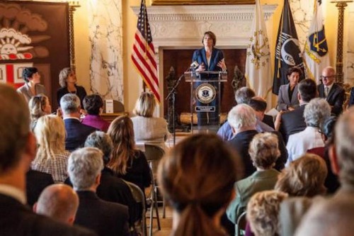 President Paxson speaking at RI State House